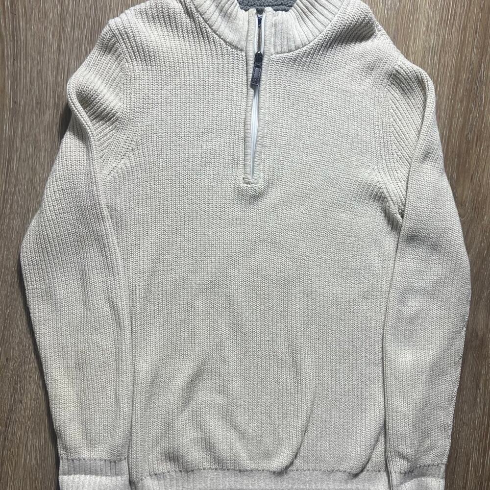 IZOD Quarter Zip Sweater Cream Beige Heavy Knit Fleece Lined Collar Mens Size S